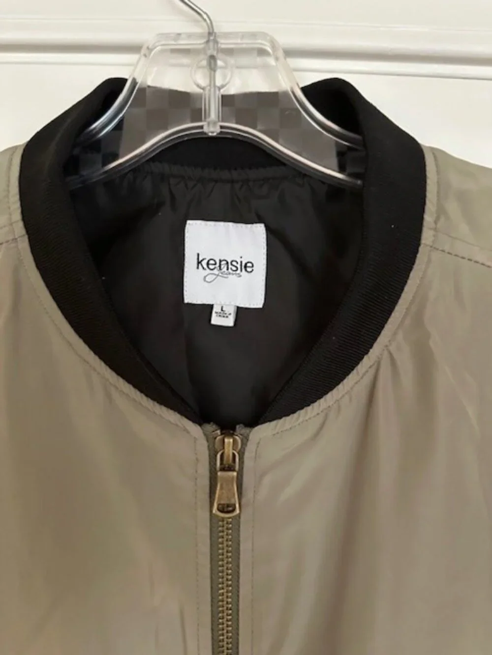 Kensie Classic Bomber Jacket in Army Green with Black Trim - size large - Picture 6 of 8